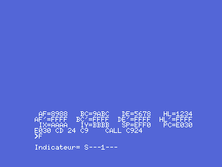 The F command spelling out the flags of the stopped program
