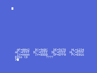 The resurrected monitor, booted standalone, painting the twelve registers of the stopped program
