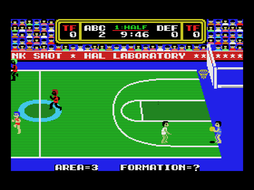 The patched cartridge on the NMS 8250: every player in the window whole, with the ball and the net